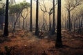 Glow of fire on forest outskirts view from charred tree trunk landscape. Burning fire flame and smoke, Bushfire against