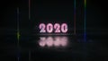 Glow glitch text 2020 with reflection 3D render illustration