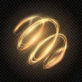 Glow gold swirl. Shiny spiral lines effect. Light golden twirl. Glowing glitter trail. Fire spiral trace. Light painting Royalty Free Stock Photo