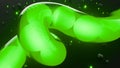 Glow green spheres floating in glass tube 3D render