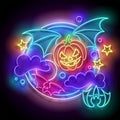 Glow Halloween Greeting Card with Flying Vampire Pumpkin on the Night Sky Royalty Free Stock Photo