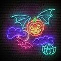 Glow Halloween Greeting Card with Flying Vampire Pumpkin on the Night Sky