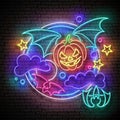 Glow Halloween Greeting Card with Flying Vampire Pumpkin on the Night Sky