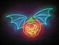 Glow Halloween Greeting Card with Flying Vampire Pumpkin Royalty Free Stock Photo