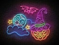 Glow Halloween Greeting Card with Witch Pumpkin, Bat, Spider, Moon on the Night Sky