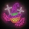 Glow Halloween Greeting Card with Witch Pumpkin, Crosses and Bats