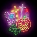 Glow Halloween Greeting Card with Witch Pumpkin, Crosses, Candles and Ghost