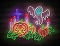 Glow Halloween Greeting Card with Witch Pumpkin, Crosses, Candles and Ghrost
