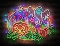 Glow Halloween Greeting Card with Witch Pumpkin, Crosses, Candles and Ghrost