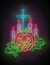 Glow Halloween Greeting Card with Witch Pumpkin, Crosses and Candles