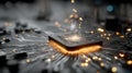 Glow of innovation shines from a central processor chip on a complex circuit board, symbolizing advanced technology and future Royalty Free Stock Photo