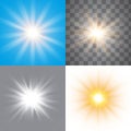 Glow light effect, explosion, glitter, spark. Set: a flash of sun on a transparent, white, blue background.  Vector illustration. Royalty Free Stock Photo