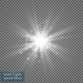 Glow light effect. Starburst with sparkles on transparent background. Vector illustration. Royalty Free Stock Photo