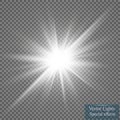 Glow light effect. Starburst with sparkles on transparent background. Vector illustration. Royalty Free Stock Photo