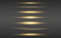 Glow lines set. Gold light effect on transparent background. Bright luxury flares. Horizontal energy lines. Yellow