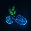 Glow low poly medicine capsule pills with green organic herb leaves on dark blue background.