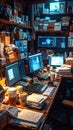 Cluttered Hacker Workspace with Multiple Monitors at Night Royalty Free Stock Photo
