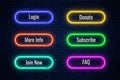 Glow neon buttons for internet donation design. Set of website button. Vector shiny design elements