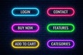 Glow neon buttons for internet store design. Set of website shop button. Vector shiny design elements