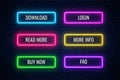 Glow neon buttons for web design. Set of website button. Vector shiny design elements. Action signs for internet use Royalty Free Stock Photo