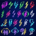 Glow neon lightning. Led panel flashes thunder lightning vector icon