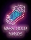 Glow Piece of Soap with Bubbles and Wash Your Hands Inscription Royalty Free Stock Photo