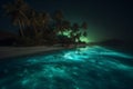blue ocean tropical vacation paradise tree luminous palm night sky beach. Generative AI.