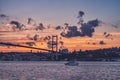 The glow of sunset on the July 15 Martyrs' Bridge: A bridge between continents, Istanbul, Turkey Royalty Free Stock Photo