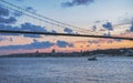 The glow of sunset on the July 15 Martyrs' Bridge: A bridge between continents, Istanbul, Turkey Royalty Free Stock Photo