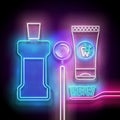 Glow Toothpaste, Toothbrush, Mouthwash Bottle and Dentist Mirror, Personal Care Products Royalty Free Stock Photo