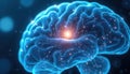 Glowing abstract brain illustration shows neural network activity. Close up view of interconnected neurons, cognitive process, Royalty Free Stock Photo