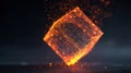 Glowing Abstract 3D Digital Cube with Neural Network Grid and Burning Particles, Orange Neon Geometric Tech Concept for Data Royalty Free Stock Photo