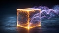 Glowing abstract digital cube radiates energy and shimmering particles on a dark mysterious surface background Royalty Free Stock Photo