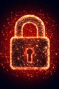 Glowing Abstract Firewall, Computer Cyber Security Concept. Red Digital Padlock, Network Background.