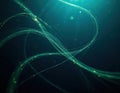 Glowing abstract threads floating in a dark aquatic environment. Royalty Free Stock Photo