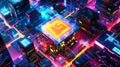A glowing advanced chip drives data through a vibrant cityscape, showcasing the complexity of modern technology in a