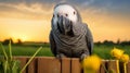 Glowing African Grey Parrot Perched On Wooden Fence At Sunset Royalty Free Stock Photo