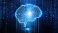glowing AI brain made of interconnected nodes with streams of binary code cascading like waterfall, symbolizing advanced Royalty Free Stock Photo
