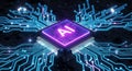 Glowing ai chip with blue circuit board connections representing artificial intelligence technology Royalty Free Stock Photo