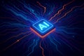 Glowing AI Chip with Electric Circuit Board Connections and Neon Lights artificial intelligence microchip Royalty Free Stock Photo