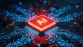 Glowing AI Chip on Futuristic Circuit Board with Blue and Red Data Streams Artificial Intelligence Concept Royalty Free Stock Photo