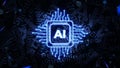 Glowing AI chipset processor with scattered text background. Digital technology wallpaper of artificial intelligence. Futuristic