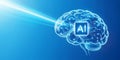 Glowing AI Circuit Brain Receives Data Input Light on Gradient Blue Background Royalty Free Stock Photo