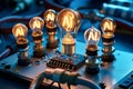Glowing AI light bulbs, innovative artificial intelligence, futuristic tech, digital intelligence, bright ideas concept