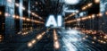 Glowing AI logo in a futuristic data center Abstract technology concept of a digital server big data and network infrastructure Royalty Free Stock Photo