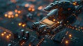 Glowing AI-powered robotic hand holding a microchip. Royalty Free Stock Photo