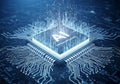 Advanced artificial intelligence chip illuminates with digital data streams and circuitry Royalty Free Stock Photo