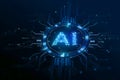 Glowing AI symbol formed by pixels, dark background enhances tech inspired design