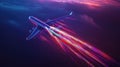 A glowing airplane in flight with vibrant trails of light against a dark backdrop at twilight Royalty Free Stock Photo