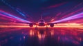 A glowing airplane in flight with vibrant trails of light against a dark backdrop at twilight Royalty Free Stock Photo